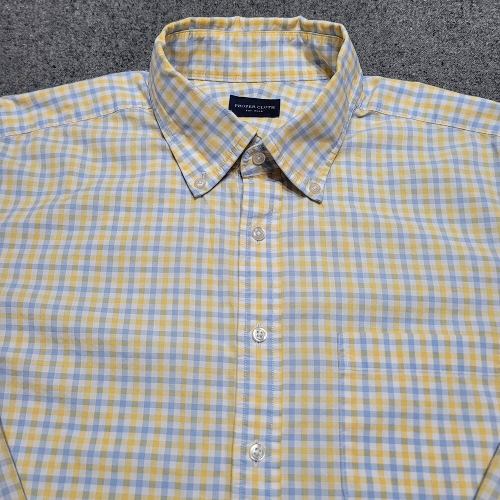 Proper Cloth Shirt Mens Extra Large 17.5 33 Yellow Blue Gingham Preppy